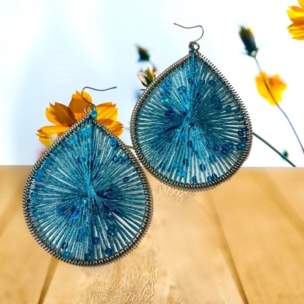 Large Thread‎ Sequins Teardrop Statement Earrings Silver Tone